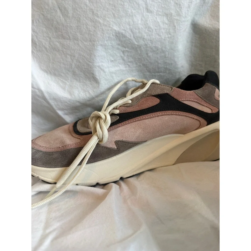 Tory Burch Good Luck Trainer Sneakers Pink Brown Suede Colorblock Logo Shoes